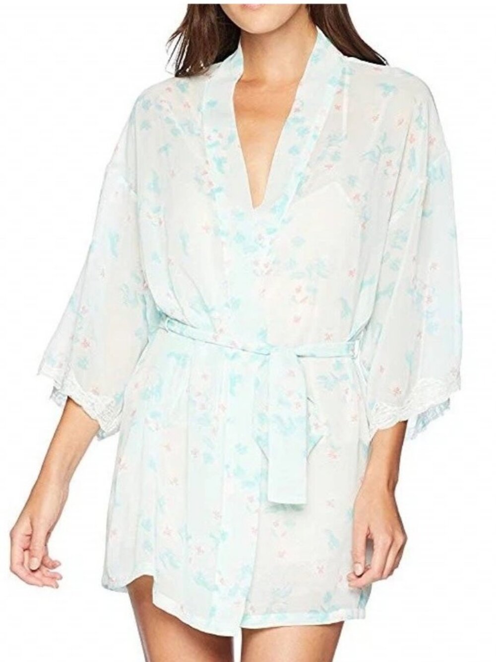 Flora by Flora Nikrooz Imagine Chiffon Kimono Robe, Teal Floral, Small to Medium
